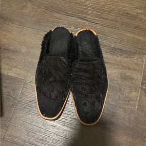 Free People black dark grey Butterfly Effect velvet faux fur slip on mule shoes